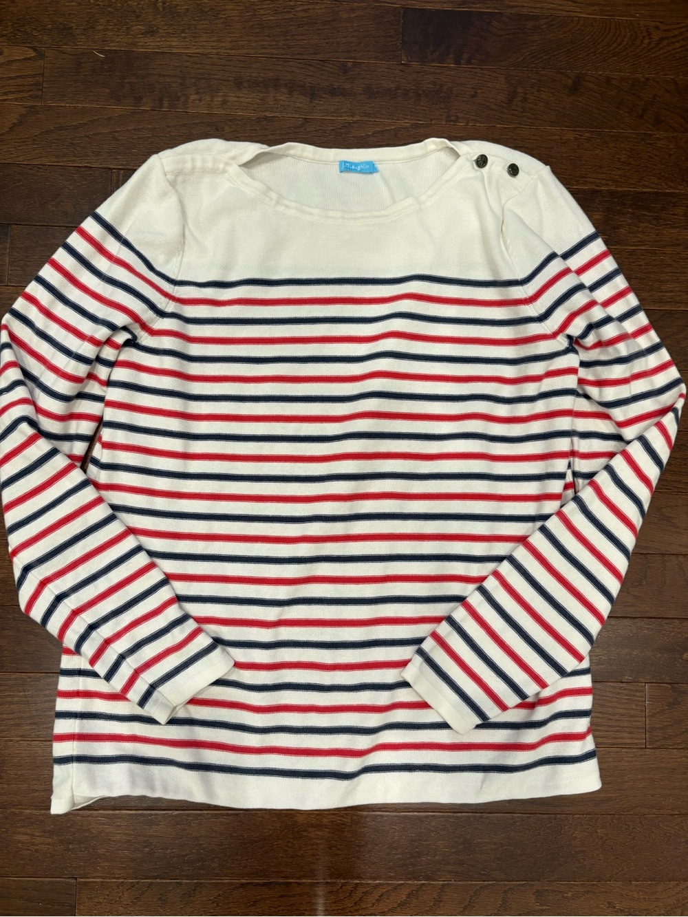 J McLaughlin Striped Boatneck Sweater Shoulder Buttons Nautical Knit Top M